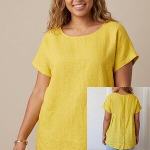 Terzo Millennio L Blouse Top 100% Linen Mustard Yellow Back Buttons Hi-Lo Italy